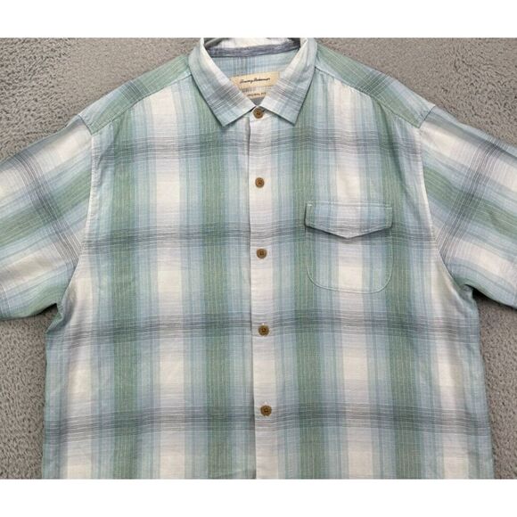Tommy Bahama Shirt Mens XL Blue Plaid Silk Blend Original Button Up Short Sleeve
